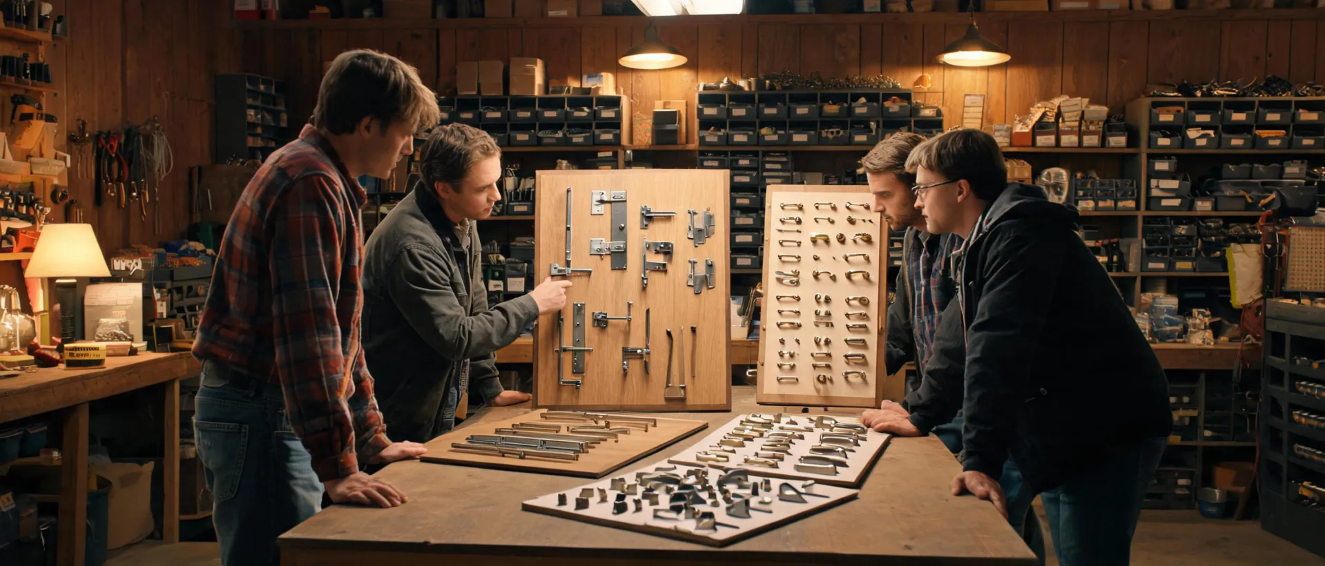 National Hardware team reviewing product boards in a workshop office