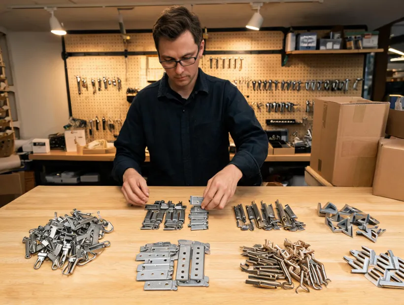 Hardware counter specialist preparing gate latch and cabinet hardware order